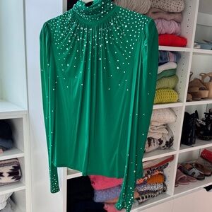 Chic Green Rhinestone Women's Blouse